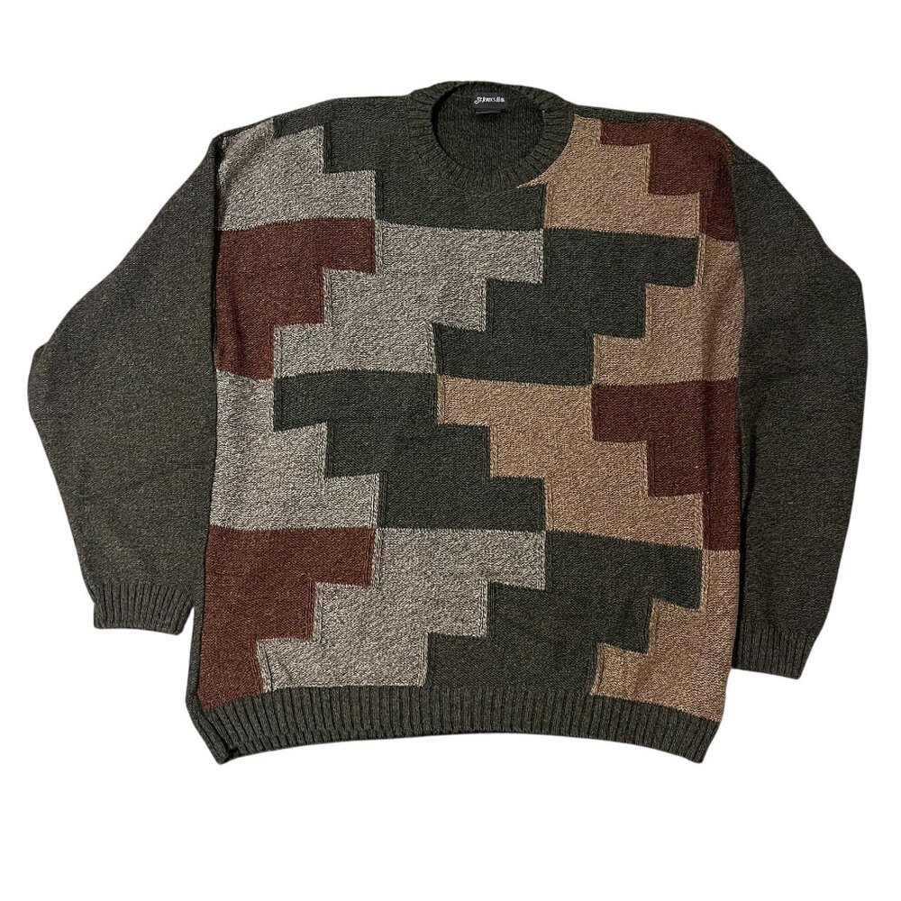 St Johns Bay Mens 3XL Patchwork Knit Sweater Retro 90s Geometric Oversize CozyFi